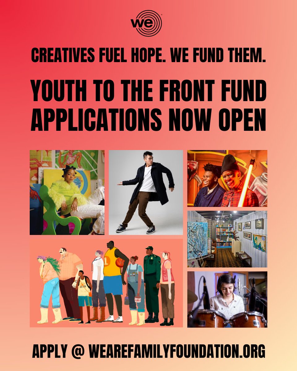WeAreFamilyFdtn's tweet photo. ✊ Creatives fuel hope. We fund them. ✊ We’re thrilled to announce the launch of applications for Youth To The Front Fund’s “The Creatives” Frontliners, powered by We Are Family Foundation!

With grants from $1,000 and up to $20,000, this is a call for Artist Collectives, Cultural Storytellers, Creative Organizers, and Heritage Keepers centering BIPOC, under 30 years old, who use art to fight systemic racism, inequality, inequity, and injustice in local and global communities.

Through “The Creatives” Frontliners, we are supporting justice-driven projects in the spaces of visual, performance, and musical arts, writing, cultural storytelling, creative organizing, holistic health practices, wellness, community sports initiatives, and more that focus on the following pillars in their approach: Civics & Community Engagement, Education Equity, Climate Justice, Arts & Social Justice, Health & Healing Justice.

DEADLINE: Apply now through August 16, 2024, at 11:59PM EST.

Learn more: https://t.co/zkmearWZpG

🌐 “The Creatives” Frontliners featured in this graphic are: @kresendobiz [Crescendo]: Bu Festival Bizim (The Ours Festival), Other Village People, Keith Dang (Open Jam Collective), Yetunde Sapp (@sapp_hire), The Space Botswana (Atang Arnold), and Laura Devia Lopez (“A Piece of Peace”)

#WeAreFamily #YouthToTheFrontFund #TheCreatives #ArtForChange #GrantsForCreatives