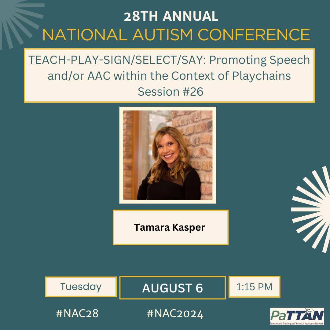 We can’t wait to see you at #NAC28! We’re continuing our Tuesday, August 6 Afternoon Session Highlights at #NAC2024 with these featured sessions presented by <a href="/DillHugg26/">Stephanie Dille-Huggins</a>, Tanya Brown, Debi Namey, and Tamara Kasper. Learn more: tinyurl.com/PaAutismConf