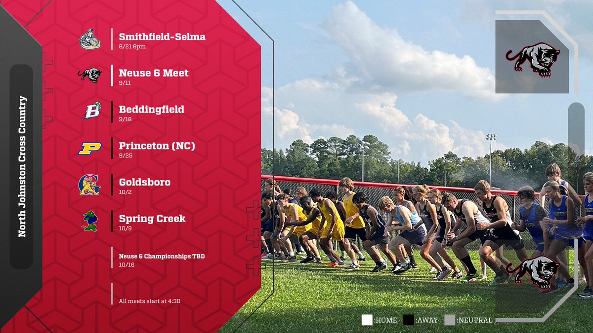 Schedule release week!  First up, the <a href="/NJHS_Panthers/">North Johnston High</a> Cross Country schedule! The running Panthers are led by Coach Lola Lippert. Walk throughs start at 4pm, and meets start at 4:30pm (One exception: the Joco Kick off meet on 8/21 which has a 6pm start.) #NojoFamily
