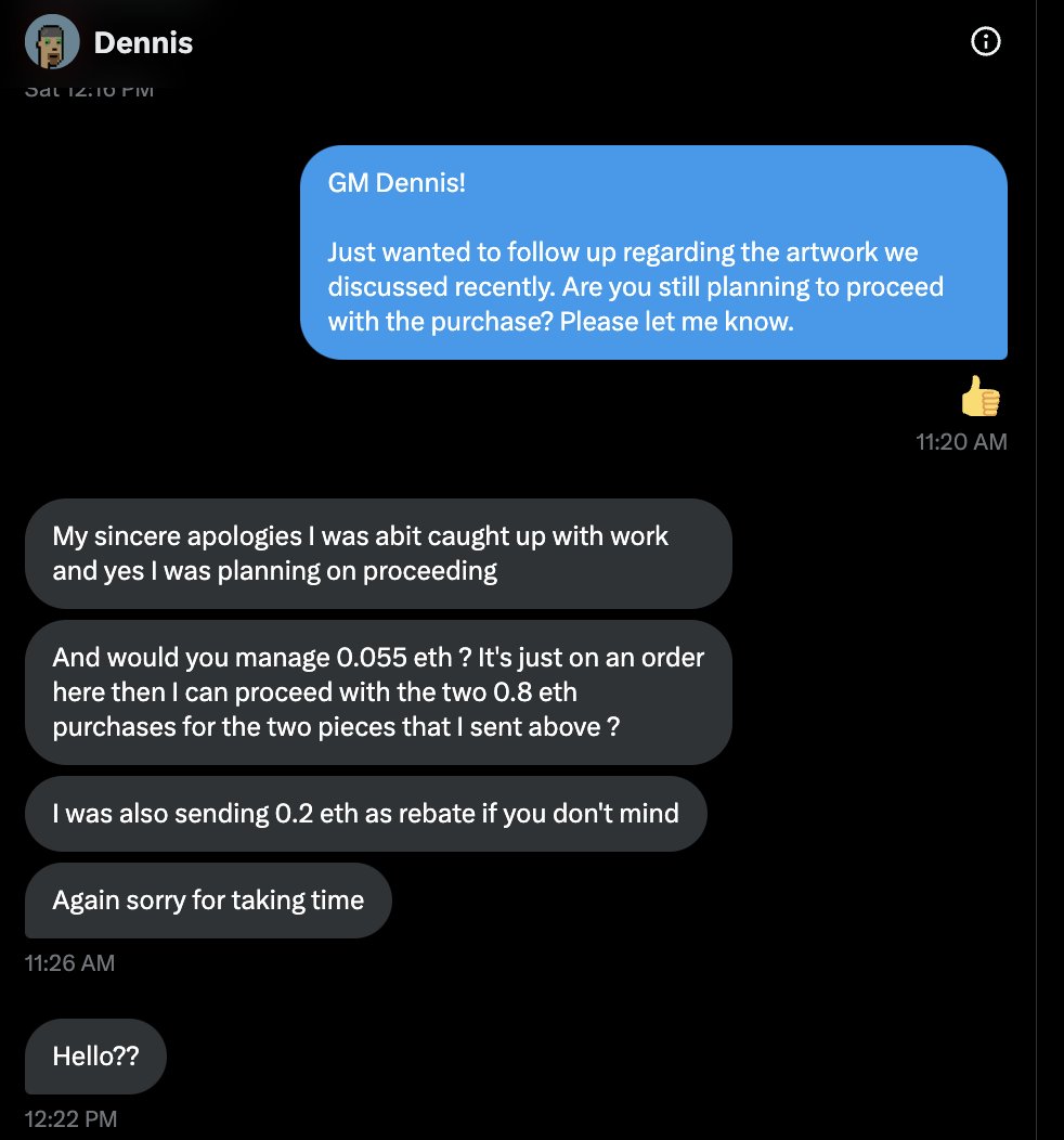 TheRealDADAGAN's tweet photo. 🚨 Heads up, community! 🚨 I encountered a potential scam involving @oniichaneth request for additional funds after agreeing on an NFT purchase. Stay vigilant and always use secure platforms for transactions. Protect yourselves and your assets! #NFTScamAlert https://t.co/mpUpKdZ7JY