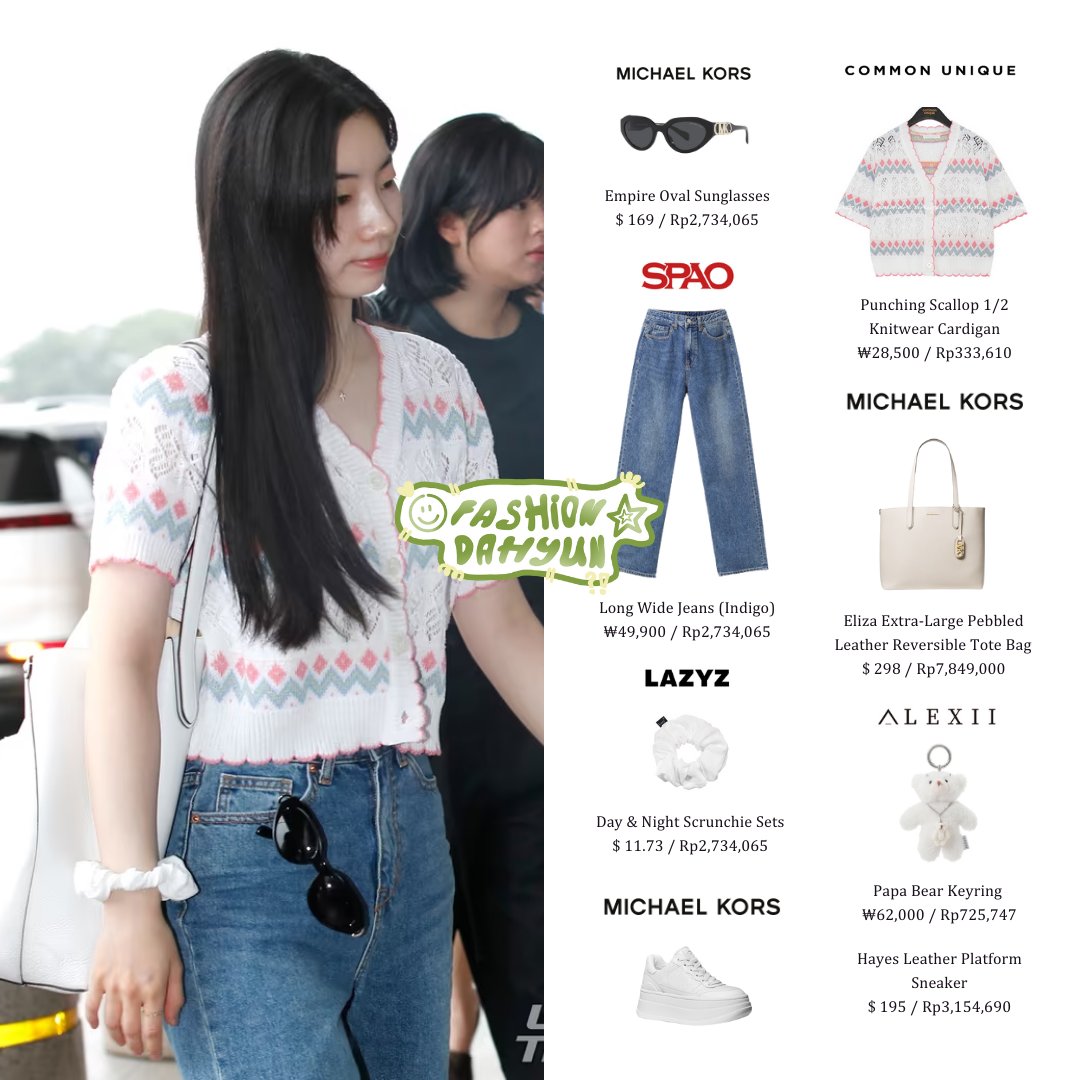 DaHyunFrance_'s tweet photo. 🛍️ OUTFIT | Tenue pour l'aéroport 
-> @fashiondahyun 

• #MichaelKors 
Lunettes de soleil - 154€
Sac - 273€
Chaussures - 178€
• #CommonUnique  
Tee shirt - 19€
• #Spao 
Pantalon - 33€
• #Alexii 
Port clef - 40€
• #Lazyz 
Chouchou - 10€

#트와이스    #다현 #DAHYUN https://t.co/HO9yqrKiB4