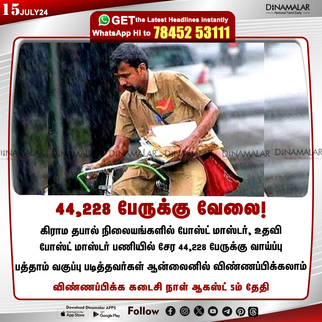 dinamalarweb's tweet photo. 44,228 பேருக்கு வேலை!
#postmaster | #Assistantpostmaster | #villagepostoffices | #JobAlert
https://t.co/y4W3uzOWeZ https://t.co/AI3FtIyr52