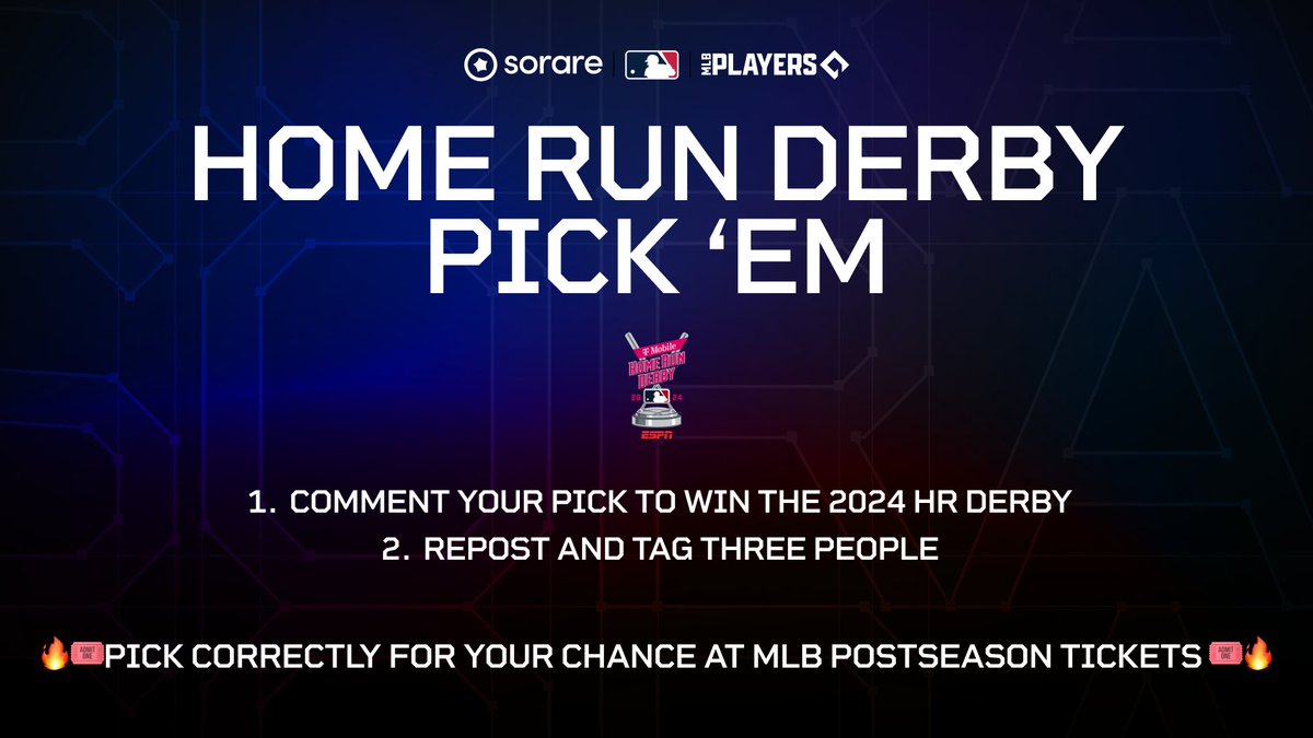 HR DERBY PICK 'EM 👀

Follow the instructions below for your chance at 2024 MLB Postseason Tickets 💰🎟️

#HRDerby