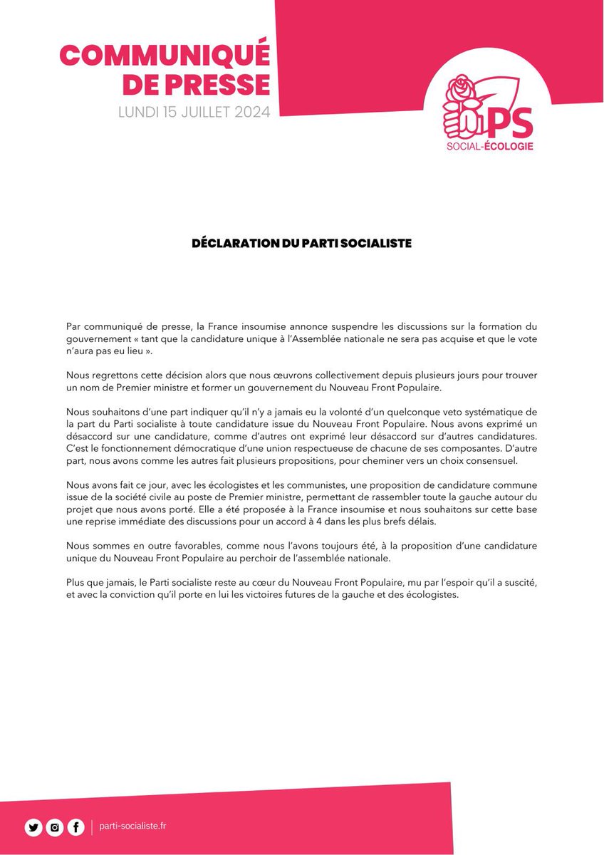 partisocialiste's tweet image. 🔴Nous travaillons depuis des jours à former un gouvernement #NFP

Avec les écologistes et le PC, nous avons fait, ce jour, une proposition de candidature commune au poste de Premier ministre, capable de rassembler, et demandons à LFI une reprise des discussions sur cette base.