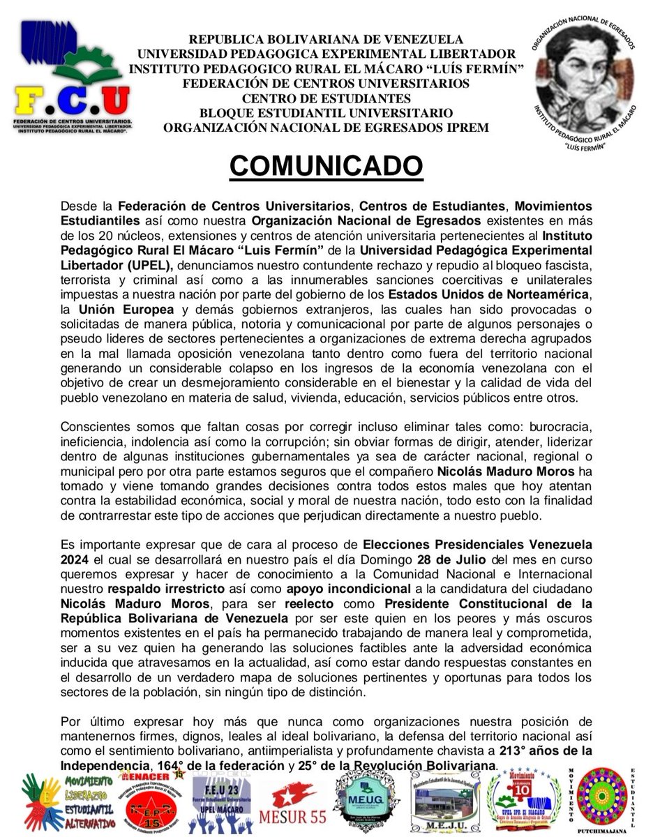 fcuupelmacaro's tweet photo. COMUNICADO por parte de @fcuupelmacaro, @ceupelmacaro, @egresadosiprem y movimientos estudiantiles en respaldo a la candidatura y reelección de @NicolasMaduro como Presidente de la República Bolivariana de Venezuela garante de la Paz, Soberanía y el #CrecimientoProductivo 💯🐓🇻🇪 https://t.co/NeIjqVLich