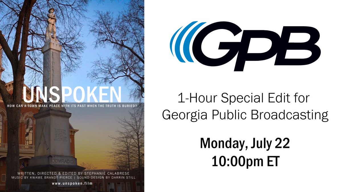 DocFilmUNSPOKEN's tweet photo. UNSPOKEN to air on @mygpb stations across Georgia on Monday, July 22 at 10pm. Save the date &amp; tune in! #georgia #georgiahistory #documentary 

https://t.co/6bHzWIJ1fL https://t.co/uGfr0IO8H3