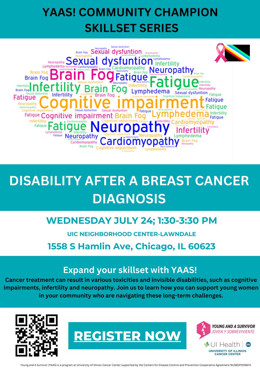 Join YAAS! to learn how to support young women in your community who are navigating invisible disabilities and challenges resulting from cancer treatment. Registration link in bio.

Disability after a Breast Cancer  Diagnosis

Wednesday, July 24
1:30-3:30 PM CT
1558 S Hamlin Ave