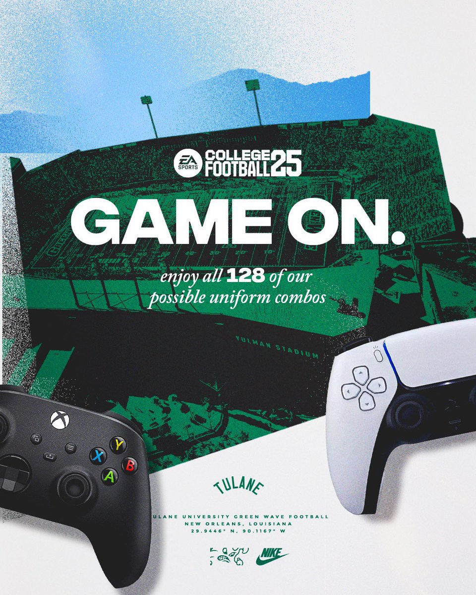 GreenWaveFB's tweet photo. Today is the day! 🎮

Fun fact: You can make it to the 2031 season of your dynasty without repeating a uniform combo! 

#UptownFootball X @EASPORTSCollege https://t.co/RqE1GeubqA