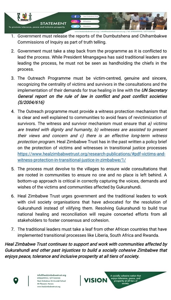HealZim's tweet photo. The #Gukurahundi Community Meetings must satisfy the minimum standards set by the @_AfricanUnion Transitional Justice Policy in pursuit of a process anchored on the 5 pillars of Transitional Justice.

Our statement on the launch of the Gukurahundi Community Engagement Program. https://t.co/QQjhI3ZXaZ