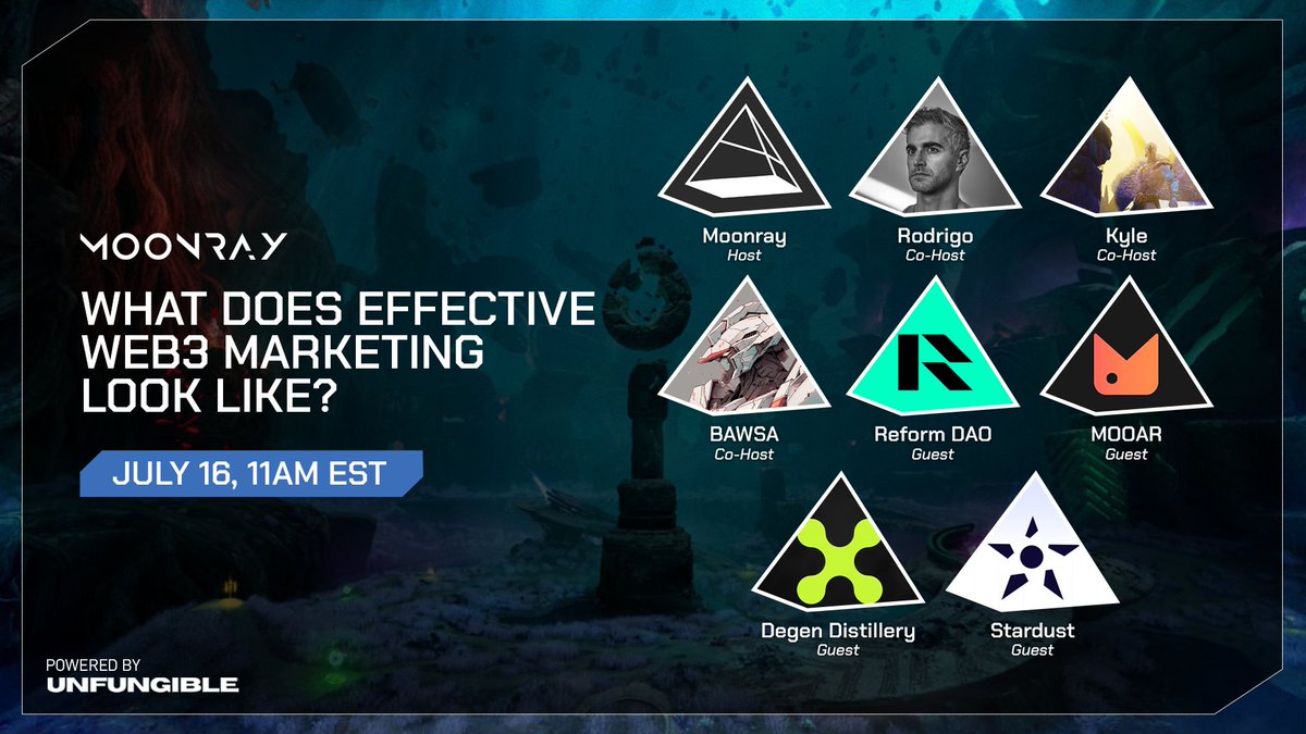 moonraygame's tweet photo. We return for tomorrow for another Moonray-hosted space!

Join us, along with our incredible co-hosts @ephridinus, @DaCulturedSwine, and @nftbawsa as we breakdown the essentials of effective Web3 marketing with guests @ReformDAO, @mooarofficial, @DegenDistillery, and @Stardust! 

Set your reminder below 👇