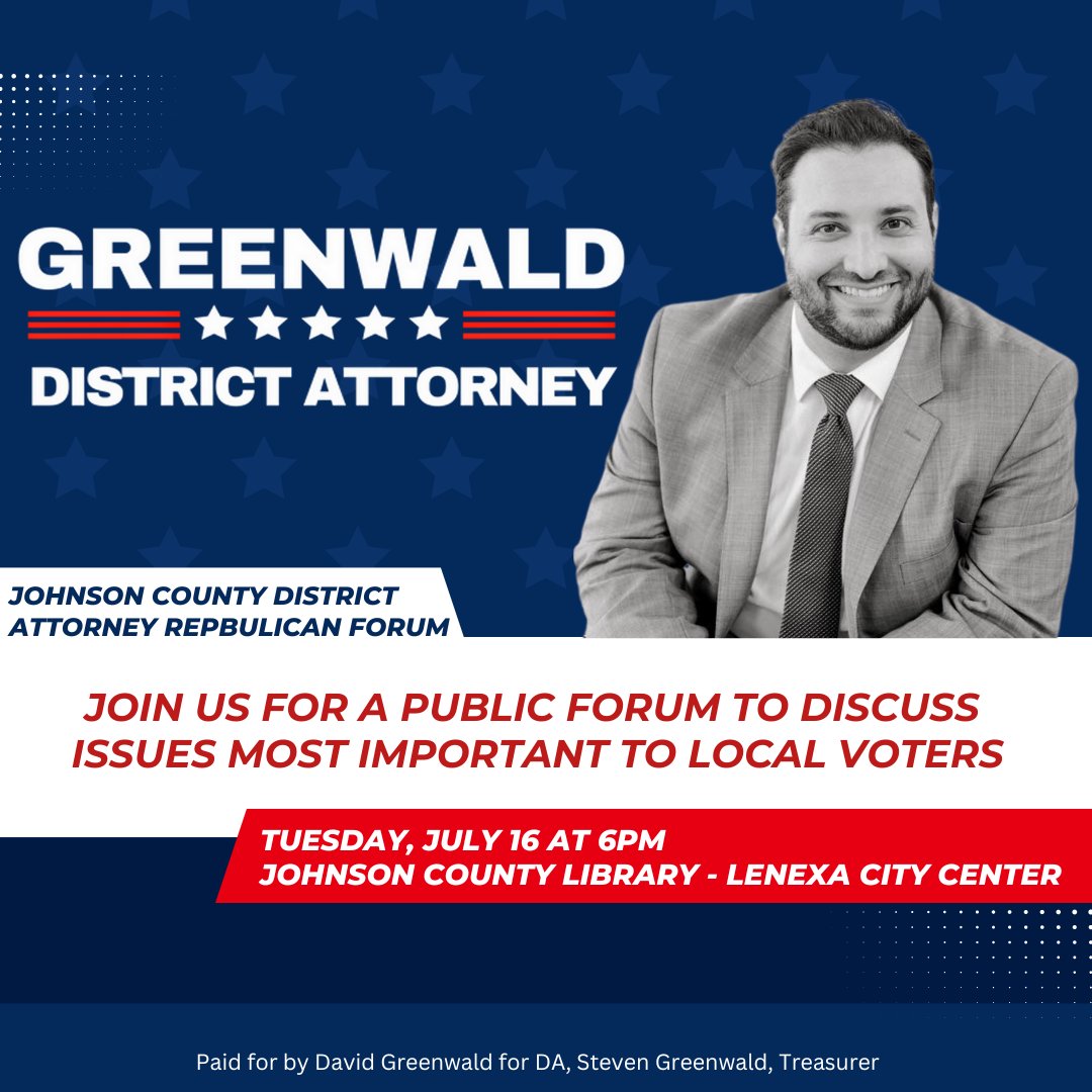 GreenwaldforDA's tweet photo. Join me this evening at the Johnson County District Attorney Republican Primary Forum! If you are unable attend in person, it will be live streamed on the Johnson County Post Facebook page and available to rewatch on demand. RSVP: https://t.co/EFLHYKFOvz https://t.co/TWgNnI1Oxp