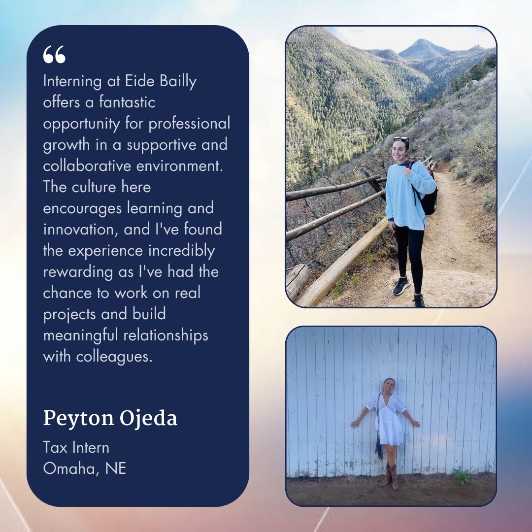 EideBaillyLLP's tweet photo. We π our #interns and want to recognize them throughout the month to celebrate #NationalInternDay!
β‘οΈ This week, we want to feature a few of our many talented interns. Swipe to learn more about them & their internship experience! #InsideEB https://t.co/dNjsehtu8Z