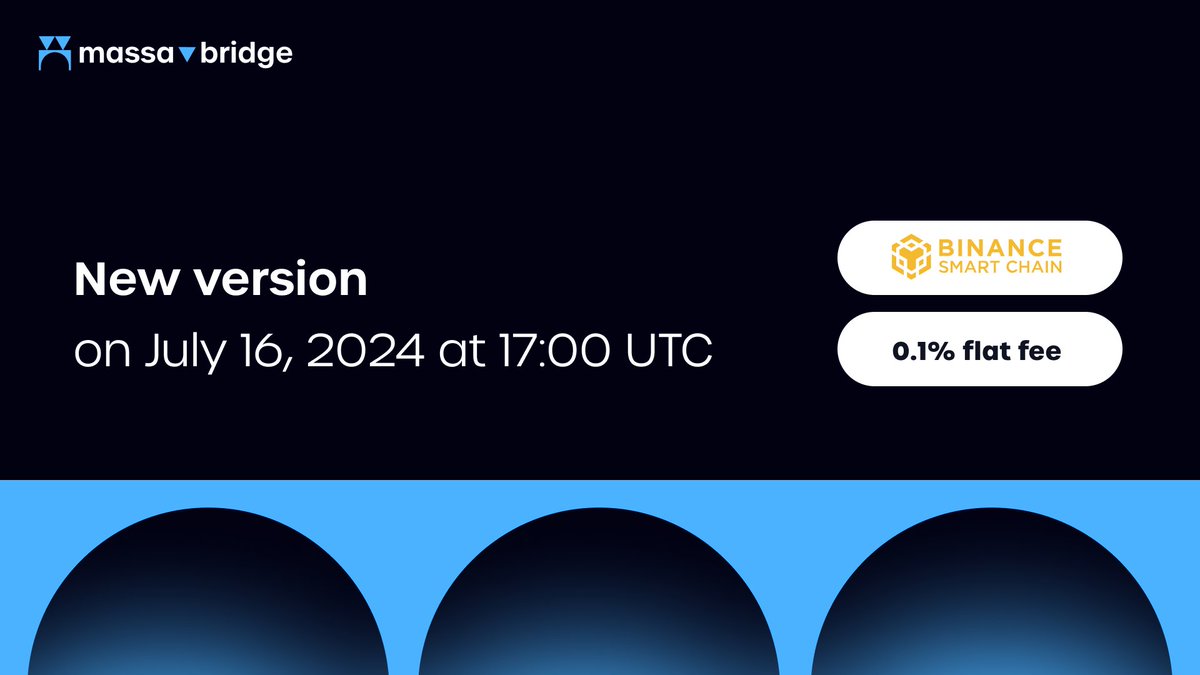 massachain's tweet photo. 🚀 Exciting news, @everyone! 
🌉We’re launching a new version of Massa Bridge on July 16th, 2024, at 17:00 UTC! 🎉  
Note: Service will be down for 3 hours before the launch, starting at 14:00 UTC  

🔗 Integrating BNB Smart Chain (BSC): Bridge ETH & USDT between BSC and Massa with minimal transaction fees! 
💸 Introducing a symbolic 0.1% flat fee when redeeming tokens from Massa to Ethereum. 
🔒 Enhanced relayer network for better security!  

Read more about the upcoming release on our Discord! 👇
https://t.co/YGM3IIyKmj
