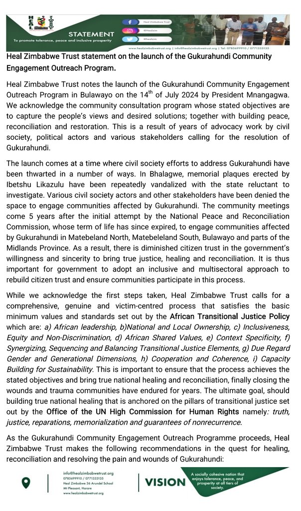 AsOneCampaign's tweet photo. The Gukurahundi Community Meetings must be victim centred and devolved to the village.
@HealZim statement on the launch of the Gukurahundi Community Engagement Outreach Program by @edmnangagwa https://t.co/1SD5Who6Fv