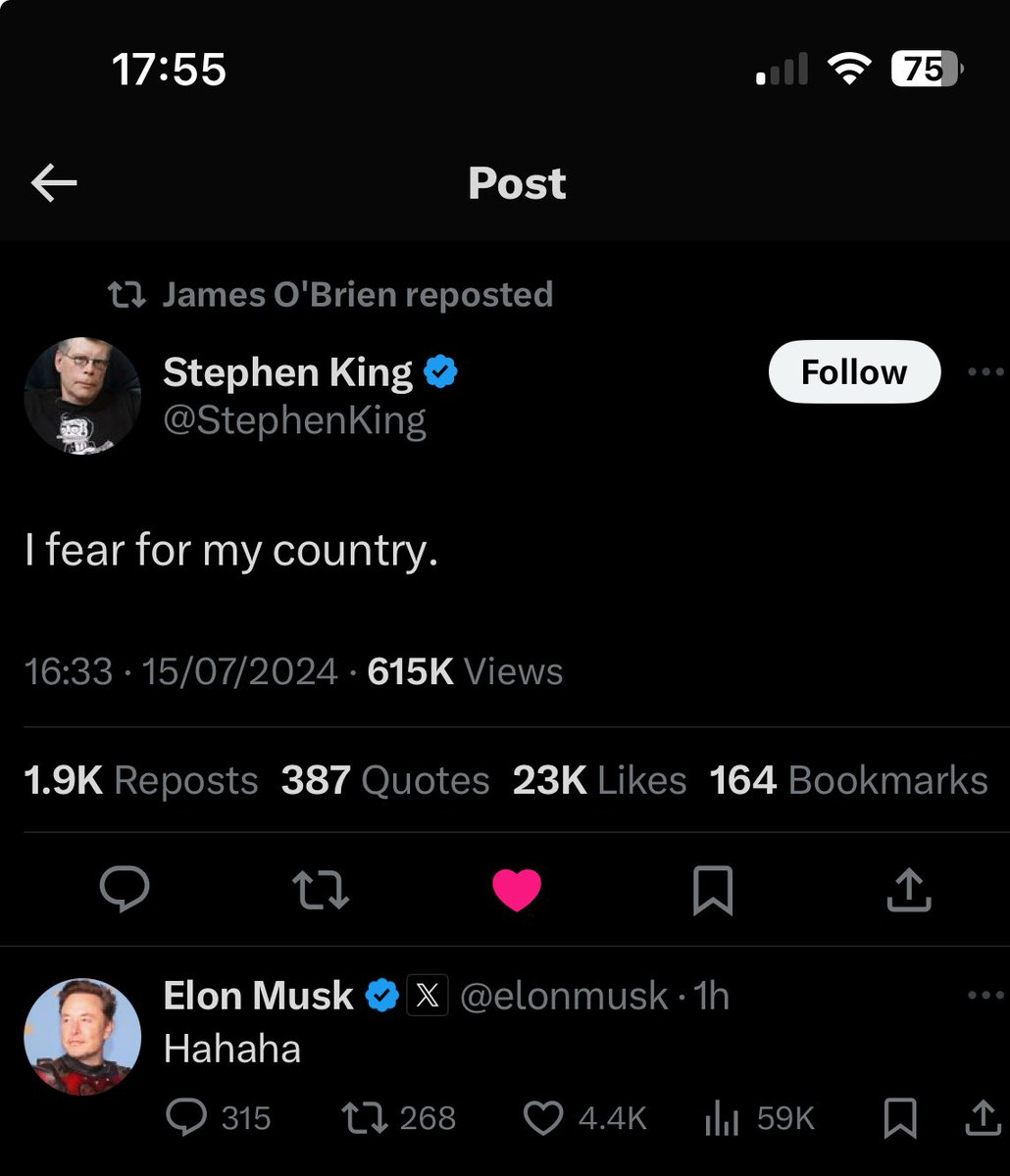 juswild's tweet photo. SpaceBro laughing at the best imaginer of horror in our lifetimes. Meanwhile the rest of the world is terrified. https://t.co/UOJaTFMWLs