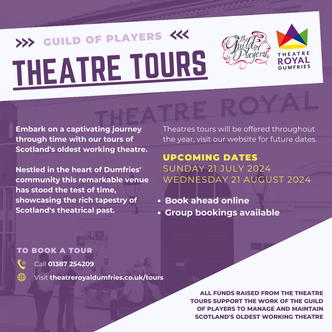 🌟UPCOMING TOURS🌟

🔔 Sunday 21 July 2024 is a special pre-film screening Burns tour. Discounted price available for Red Rose (film) ticket holders. 

🎟 Book your tickets now! theatreroyaldumfries.co.uk/tours