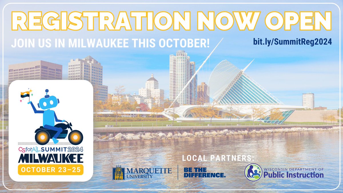 A special rate is available for a limited time to attend the 2024 #CSforALLSummit in Milwaukee, Wisconsin! Take advantage of exclusive Early Bird pricing until July 27th by registering for this year’s three-day #CSforALL event at bit.ly/SummitReg2024.