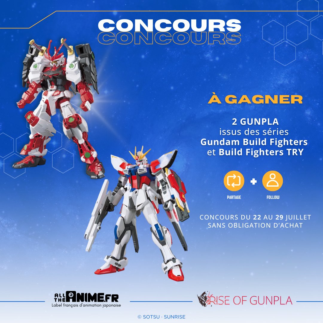 alltheanime_fr's tweet photo. 🌟 CONCOURS GUNPLA 🌟

Envie de remporter des Gunpla issus des séries Build Fighters et Build Fighters Try ?

Pour participer : 

1️⃣ Repartager le post
2️⃣ Suivre notre page @alltheanime_fr et celle de @RiseOfGunpla

Fin du concours et TAS le 22 juillet !

Bonne chance 🍀 https://t.co/eYqg3Z3H7J