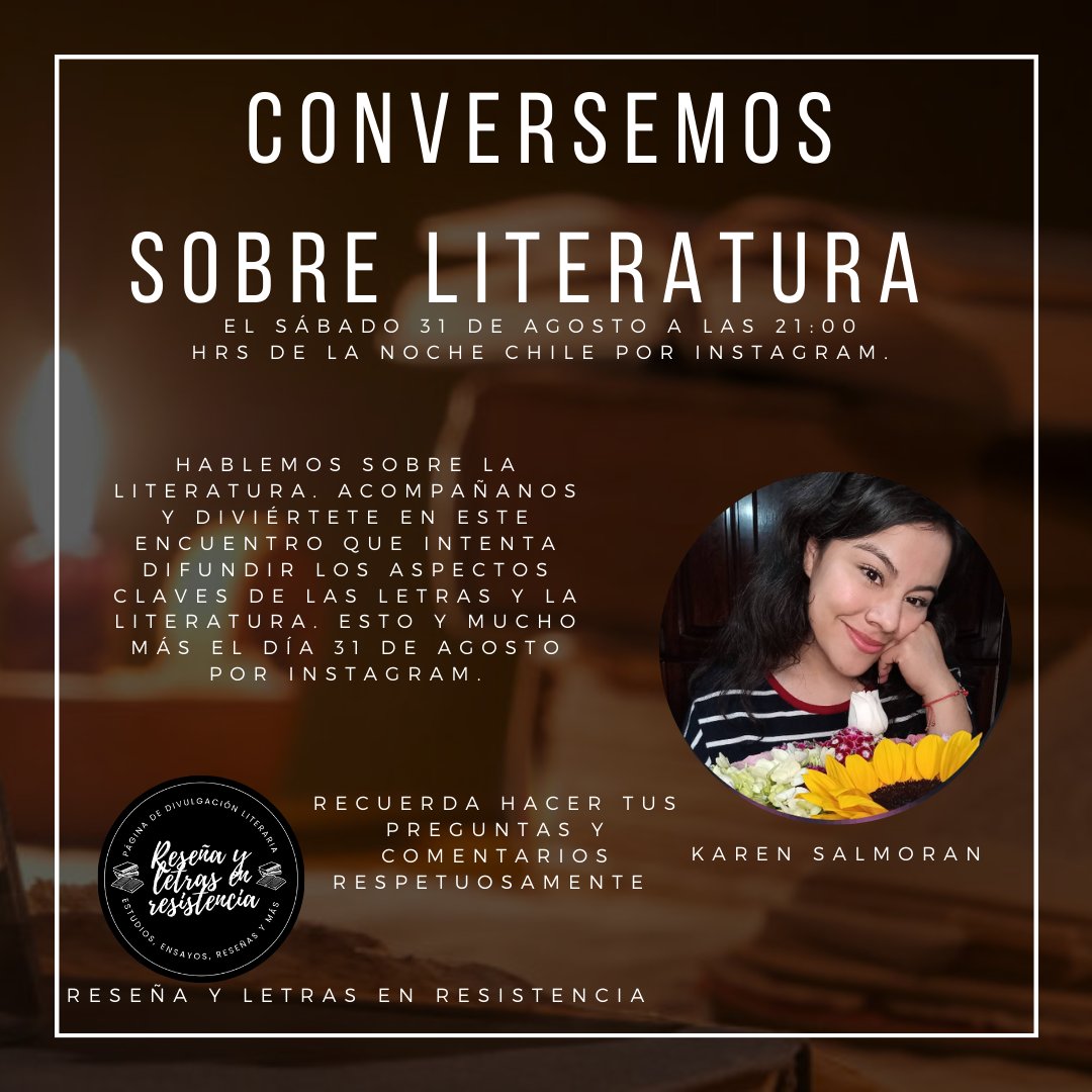 Tenemos un nuevo anuncio!!!

El sábado 31 de agosto acompáñanos en una conversación literaria con Karen Salmoran, en una entretenida e interactiva charla sobre literatura, letras y demás a las 21:00 horas chilena. 

Directo por instagram.
Los esperamos a todos y todas ustedes.