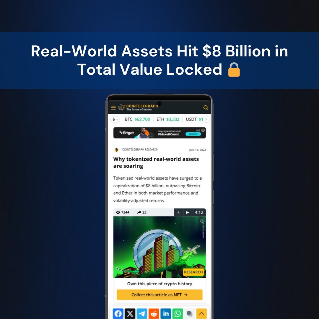 The total value locked (TVL) of real-world assets (RWAs) has surged to a  whopping $8 billion. This means more and more people are using crypto to  invest in RWA. As a pioneering