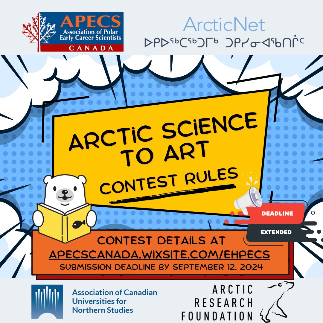 DEADLINE EXTENSION 📢 Submissions now accepted until September 12, 2024 at 11:59 PM⁠

Consider making your research more accessible to all. 🤝

Apply to the Arctic Science to Art (AS2A) contest for a chance to have your research turned into a comic strip.

❄️🔬2️⃣🎨