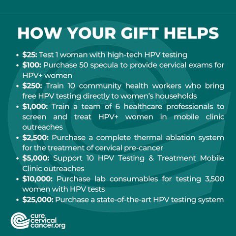 Invest in the elimination of cervical cancer! Here is how your donation helps.🥼🧬✨🧪

CureCervicalCancer is a 501 (c)(3) organization. EIN# 46-3942138.