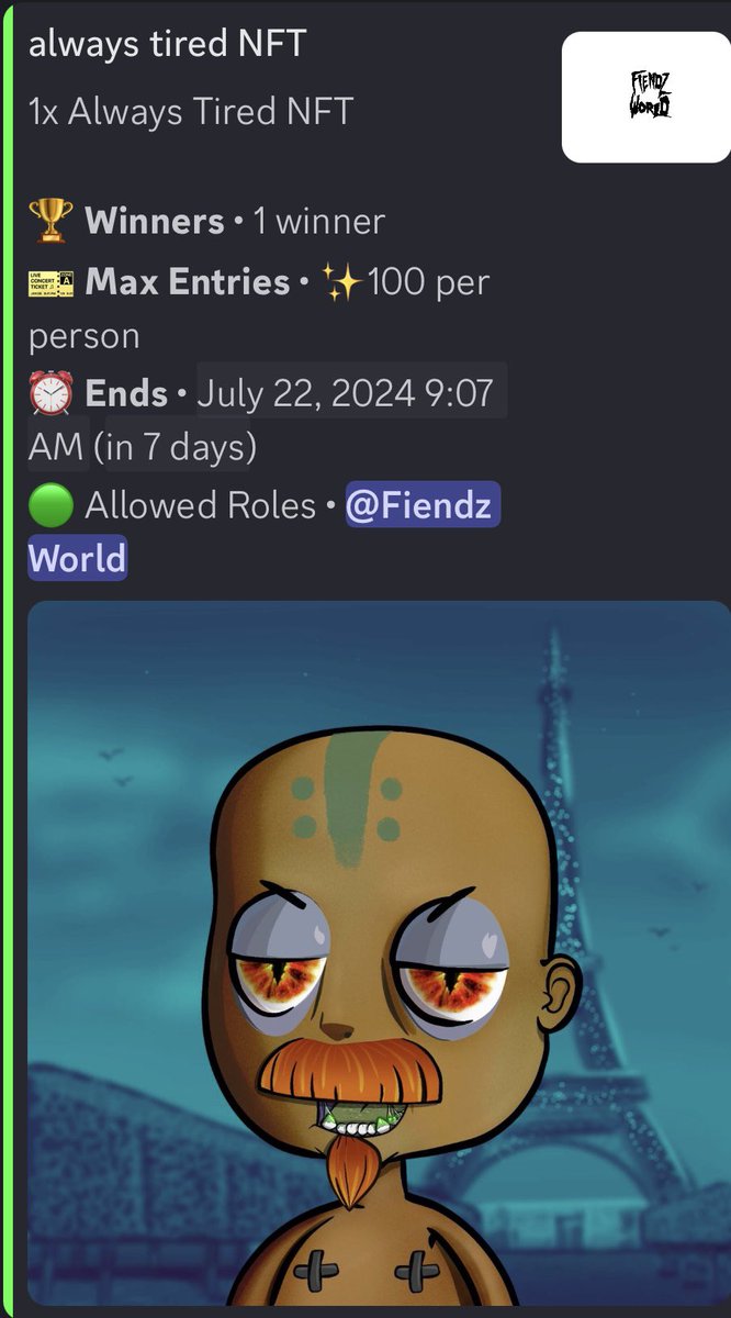 Our first prize has entered the Fiendz World 🌎 section to use your points on! 

<a href="/alwaystirednfts/">Always Tired</a>