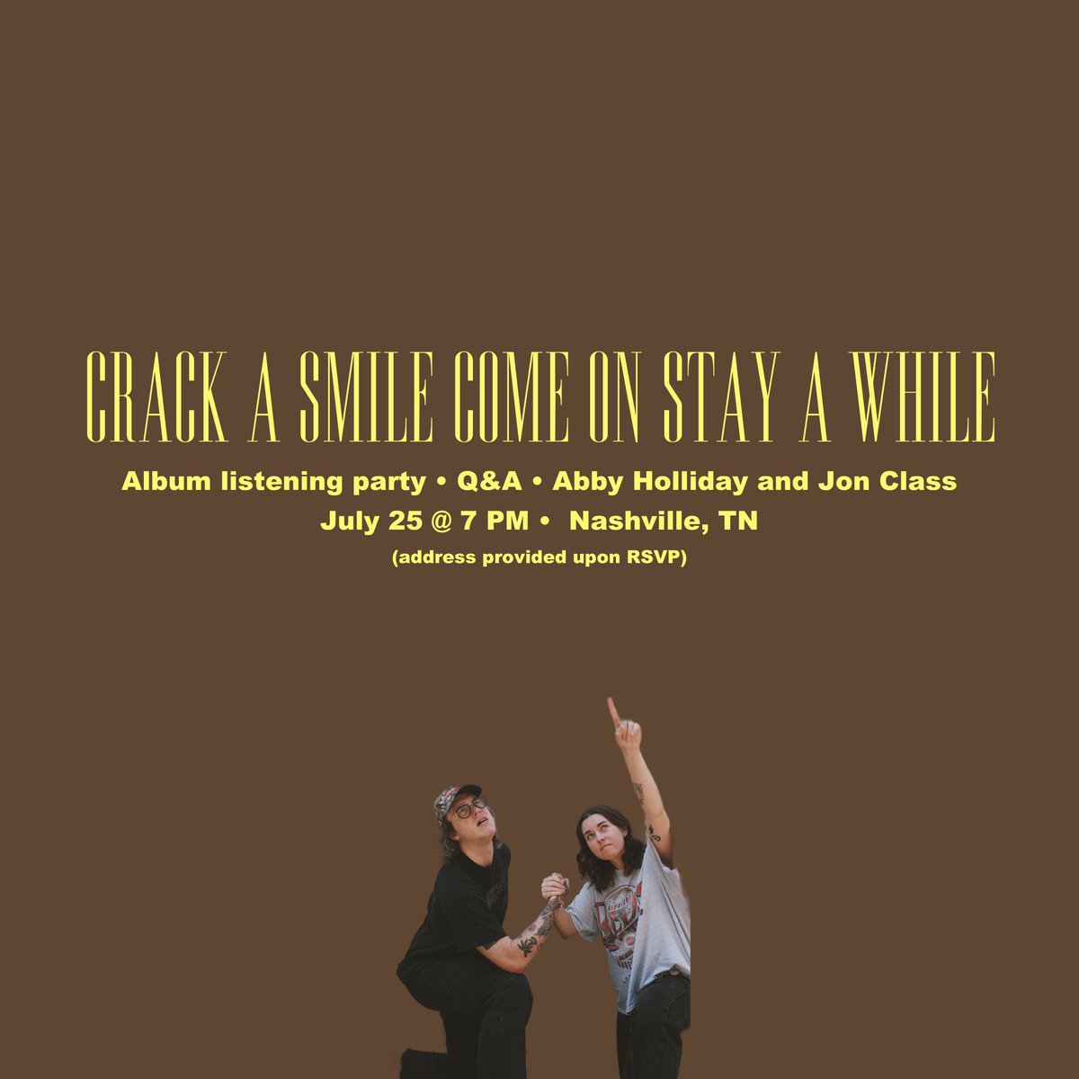 abbyhollidayz's tweet photo. If you’re in Nashville (or anywhere, and wanna make a trip). @jdclass and I are hosting an album listening party the night before it releases :) spots will likely fill by today so RSVP here if you can make it!! Would love to see you🖼️🖤
https://t.co/saGJJZwxja https://t.co/PvB4zvmwJr