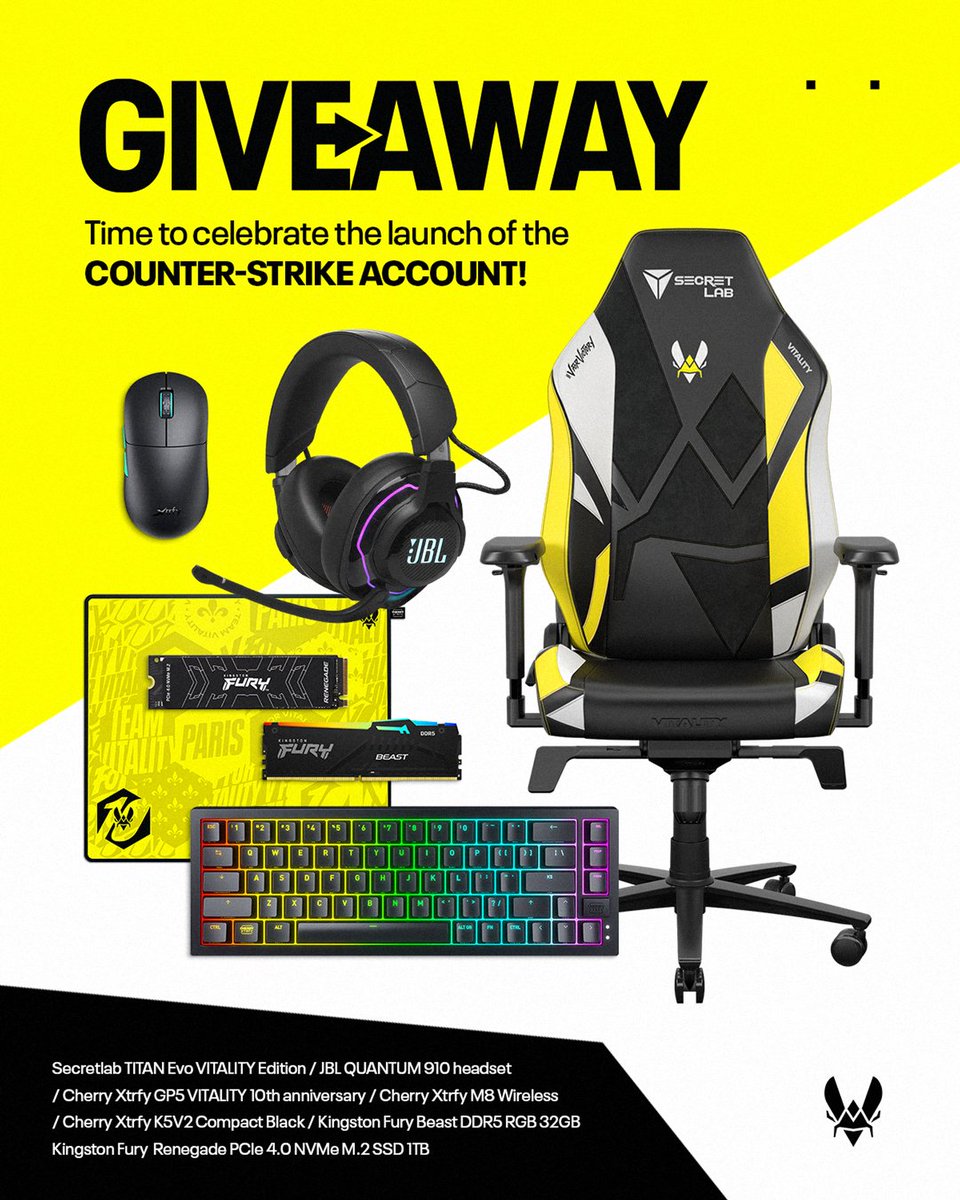 TeamVitalityCS's tweet image. GIVEAWAY 🚨🎁   

To celebrate the launch of the new CS account, our partners are offering you the VIT Starter Pack!    

✅ Like &amp;amp; RT this post
✅ Follow @TeamVitalityCS 
@secretlabchairs 
@cherryxtrfy 
@JBLQuantum 
@kingstontech 

Draw 24/07 GLHF!