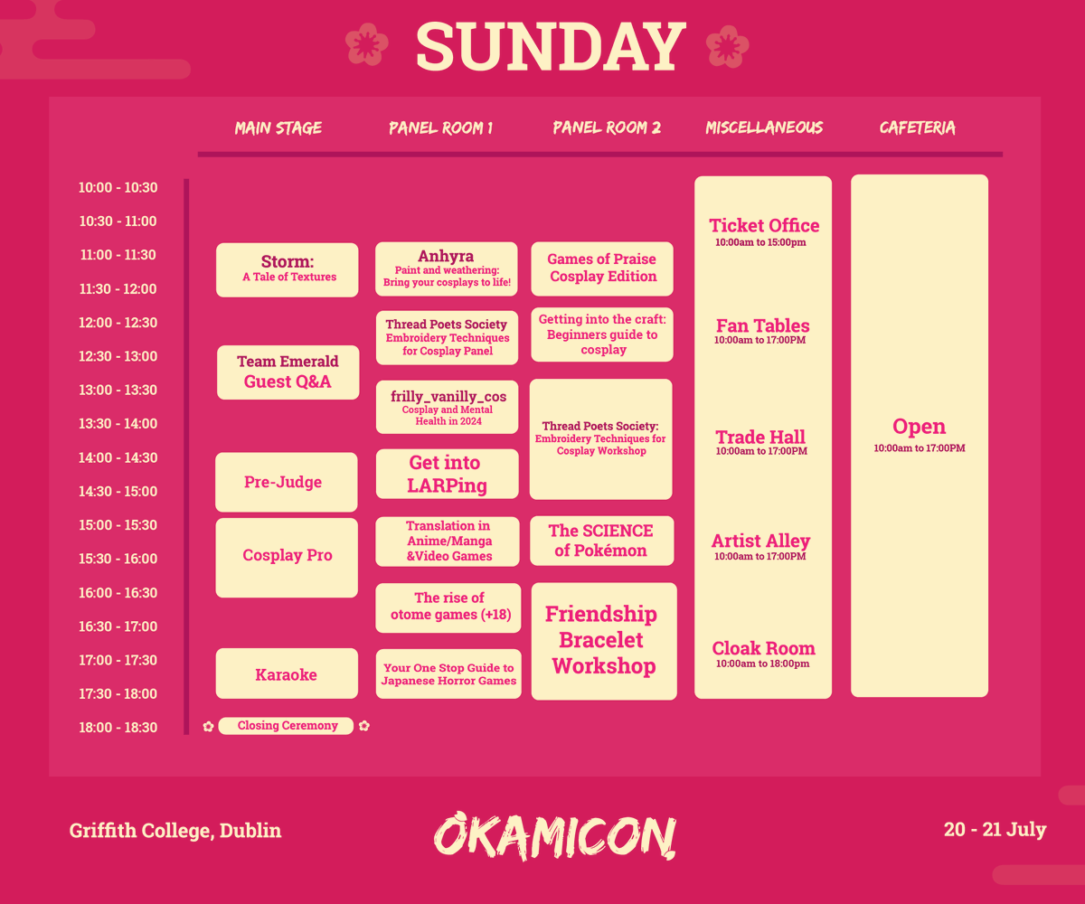 Timetable for Okamicon! 🌸

Our timetable is now live! Find more information about each event on our website. Link to the timetable in our bio! 

Graphics done by <a href="/toxikaiju/">KALAMITY KAIJU @ TOTK ✨️</a> 🌸
#okamicon #okamiconireland #cosplay #irishcosplay
