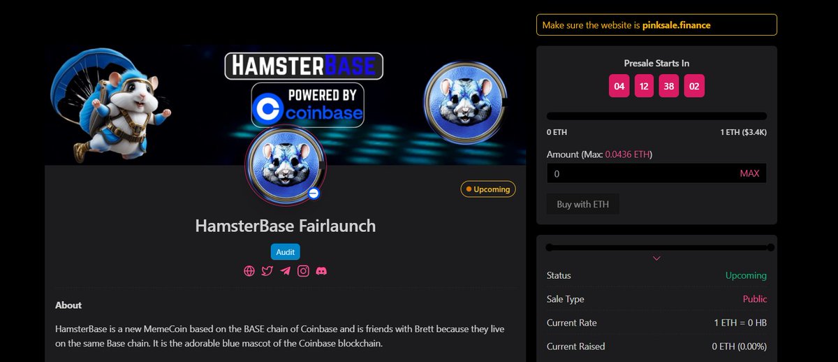 Hamster_Base's tweet photo. ☑️Hello Hamsters get ready:

🔸The public sale of $HB TOKEN on PinkSale "Fairlaunch" will open on July 20 at 11:00 AM. UTC.

🔹MORE DETAILS: https://t.co/HwH8lBwNA0

#HamsterBase #Airdrop #HamsterKombat #coinbase #Hamsters https://t.co/mqXeS3Jrdm
