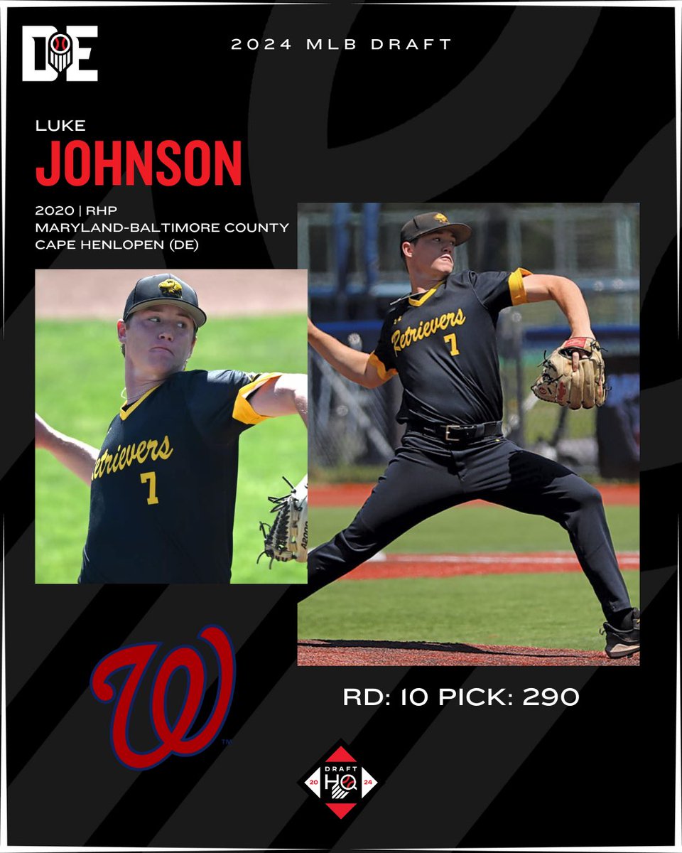 Prep Baseball Maryland (@prepbaseballmd) on Twitter photo 🚨MLB Draft Alert🚨
<a href="/umbcbaseball/">UMBC Baseball</a> RHP Luke Johnson has been selected by the <a href="/Nationals/">Washington Nationals</a> with the 290th overall selection in the 2024 #MLBDraft
Johnson graduated in 2020 from powerhouse <a href="/CapeBase23/">Cape Henlopen Vikings Baseball</a> in Delaware❗️
<a href="/LukeJoh97077167/">Luke Johnson</a> #BeSeen 🚨MLB Draft Alert🚨
<a href="/umbcbaseball/">UMBC Baseball</a> RHP Luke Johnson has been selected by the <a href="/Nationals/">Washington Nationals</a> with the 290th overall selection in the 2024 #MLBDraft
Johnson graduated in 2020 from powerhouse <a href="/CapeBase23/">Cape Henlopen Vikings Baseball</a> in Delaware❗️
<a href="/LukeJoh97077167/">Luke Johnson</a> #BeSeen