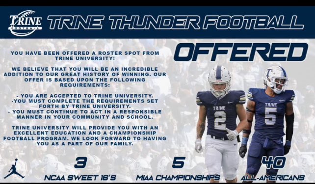CamSmith419's tweet photo. After a great visit and conversation with Coach Abbs, I’m blessed to receive an offer from Trine University!! @coachAlBrownBHS @CameronBurgess5 https://t.co/9kzxl0ZlzZ