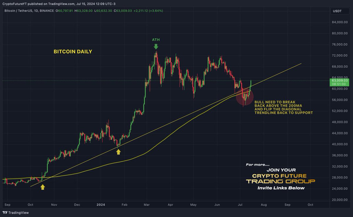 CryptoFutureYT's tweet photo. Bitcoin Daily - And there you have it. Back above the 200MA and previous diagonal support. The dip was potentially a huge bear trap thanks to Germany selling its Bitcoin.

 Watch for a bullish retest confirming the flip from resistance back to support.

⬇️⬇️

#Bitcoin #Bitcoin https://t.co/Nly9Yn5iRt