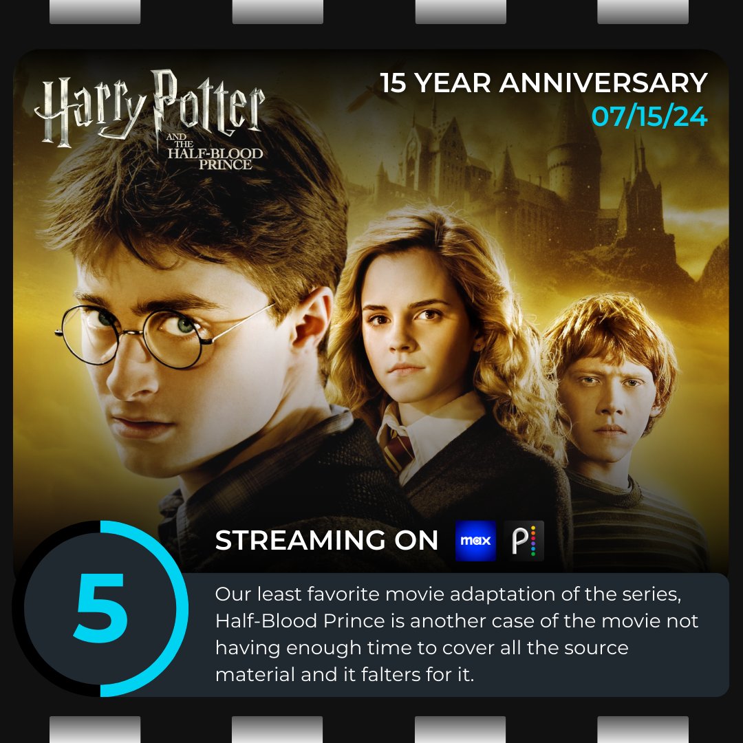 ThePoppinPod's tweet photo. #HarryPotter and the Half-Blood Prince was released 15 years ago today 🧙 Celebrate the anniversary tonight by watching it on #Max or #Peacock

Review: 5/10
The weakest entry in the franchise, this movie doesn't do justice to one of the most important chapters in this world. https://t.co/jsvWyyaD0X