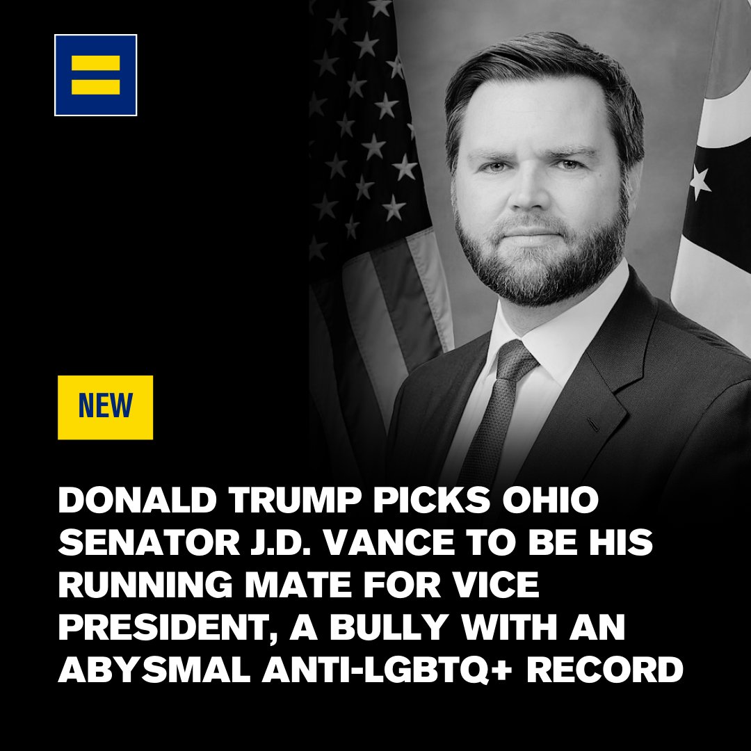 Donald Trump has picked Ohio Senator J.D. Vance as his running mate for vice president. Vance is on the fringes of anti-equality conservatism, and a Trump-Vance administration would be abysmal for LGBTQ+ rights and our democracy.