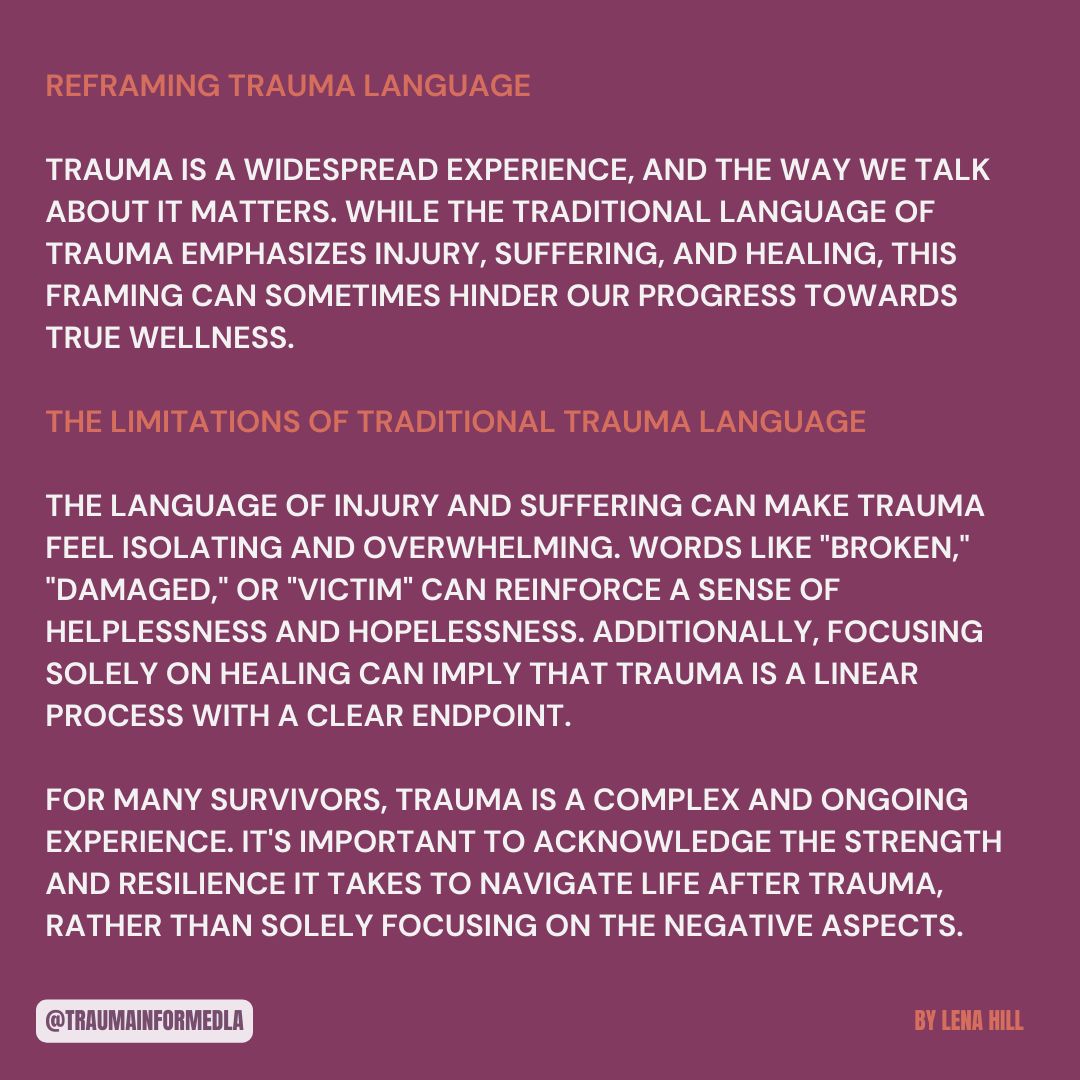traumainformdla's tweet image. Happy Mindful Monday! 🤗

This week&apos;s piece by Lena Hill focuses on reframing trauma language! 💞

Visit our website for more content 
To view previous blog posts, visit our blog! 🌻

#traumainformedla #blogday
