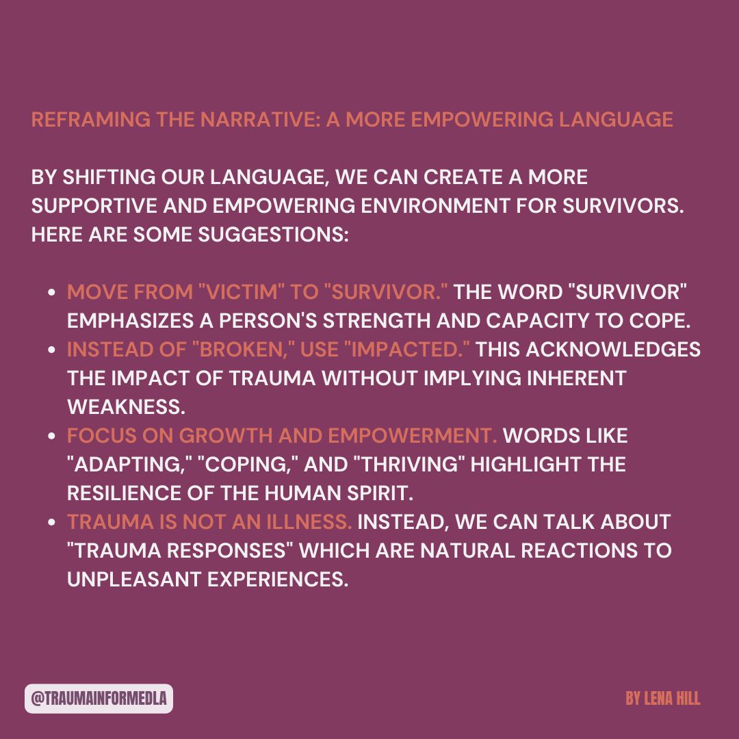 traumainformdla's tweet image. Happy Mindful Monday! 🤗

This week&apos;s piece by Lena Hill focuses on reframing trauma language! 💞

Visit our website for more content 
To view previous blog posts, visit our blog! 🌻

#traumainformedla #blogday