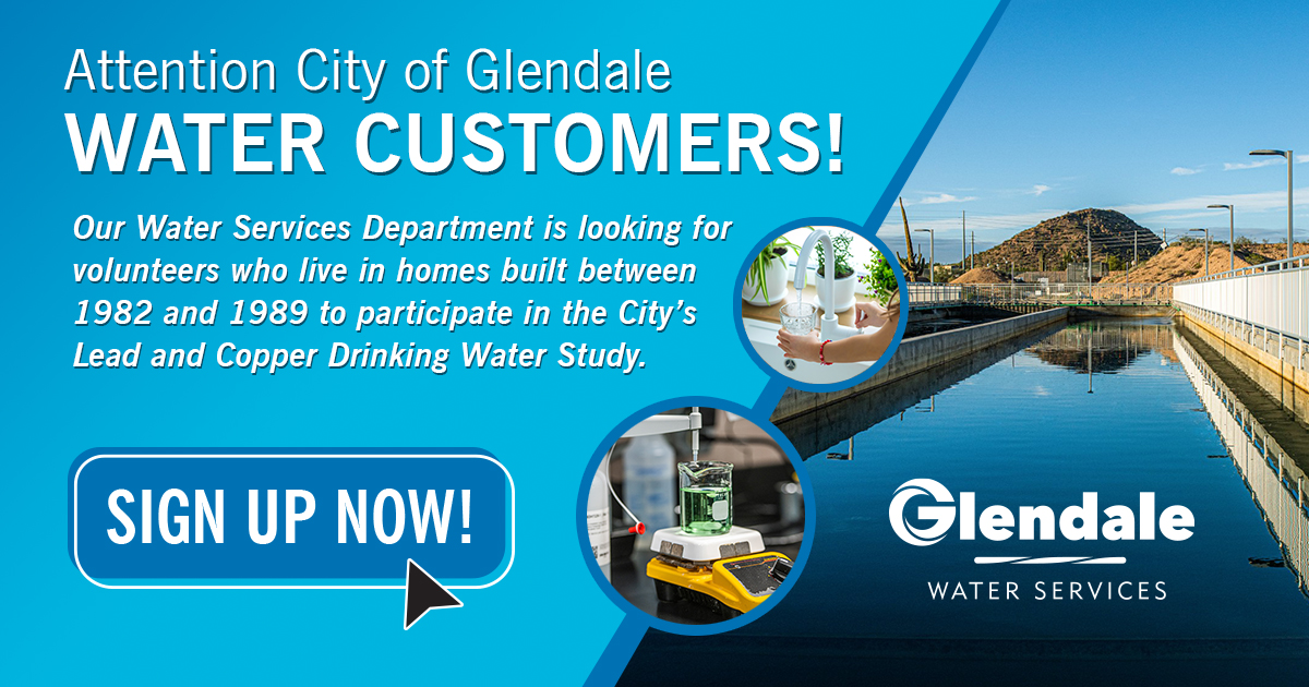 GlendaleAZ's tweet photo. Volunteers needed! Glendale invites customers to participate in the Lead and Copper Drinking Water Study every year.

Participation in the testing is voluntary and free of charge. For more information, visit https://t.co/HM4QRHkc5v.

Sign up at: https://t.co/7ArFONxsF5 https://t.co/f5p2HUOezS