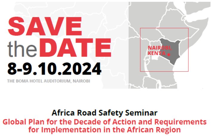 roadsensekenya's tweet photo. 📢 Africa Regional Road Safety Seminar | Implementing the Global Plan for the Decade of Action.
🗓️ 8th-9th Oct, 2024.
📌 The Boma Hotel, Nairobi, KE.

@ntsa_kenya @right_ke @RSAIKenya @oyeapp_ke @loddca @motoristsoffice @RSF_2020 @roadsafetyhub @PRSA_Roadsafety @roadsvolunteer. https://t.co/ZMh3fsiPnl