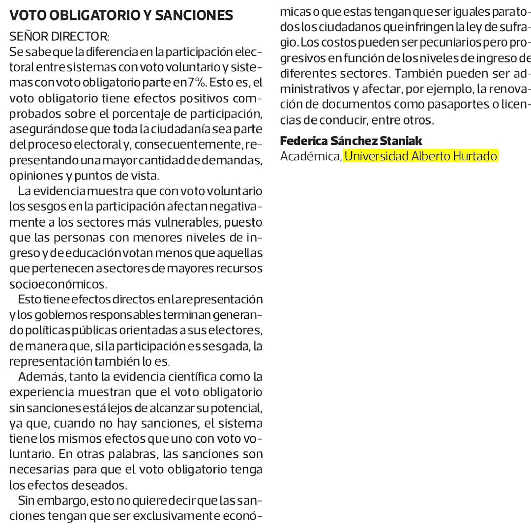 ¿Qué impacto tiene el voto obligatorio en la representación democrática? Federica Sánchez <a href="/fedestaniak/">Federica Sanchez Staniak 💚</a>, académica <a href="/politygob_uah/">Departamento de Política y Gobierno UAH</a>, nos invita a reflexionar sobre cómo las sanciones pueden influir en la participación electoral equitativa y efectiva.
Leer más: