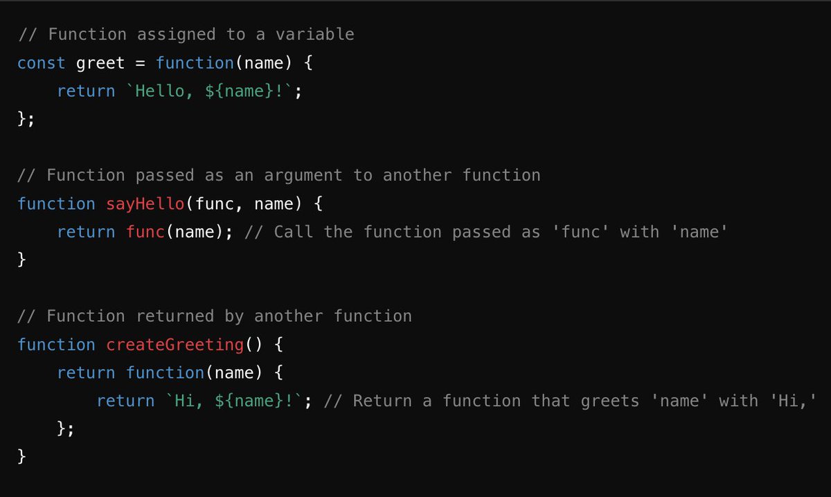n_narula's tweet photo. 🚀First-class functions:

🔹 Functions can be assigned to variables
🔹 Functions can be passed as arguments to other functions
🔹 Functions can be returned as values from other functions
🔹 Functions can be assigned as values to variables

#HTML #CSS #javascript #Reactjs #Coding https://t.co/vxwFFewgPI
