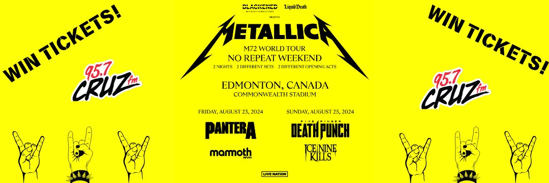 957CRUZFM's tweet photo. 🚨🎸@Metallica is rocking Commonwealth Stadium on August 23rd and 25th! Listen all week to 95.7 Cruz FM for the cue, then text 780-989-0957 for a chance to win tickets to the August 23rd show! Good luck! 🤘https://t.co/d3f8rDgREd https://t.co/iJxMDcoNkD
