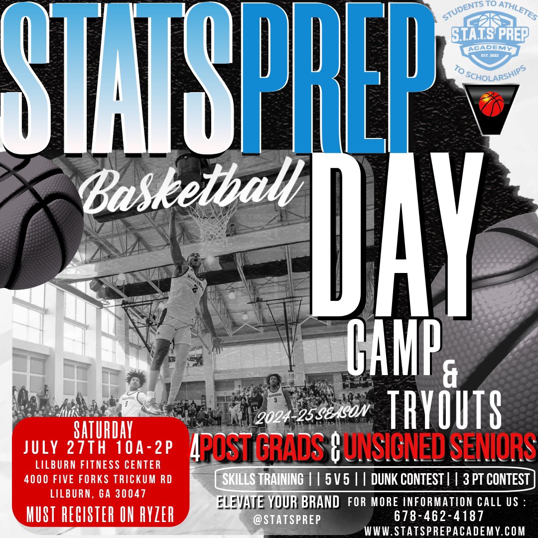🚨c/o 2024 &amp; 2023 players! Still Unsigned?! serious Inquiries! Out of State &amp; Instate @statsprep Camp/tryouts are Saturday July 27th 10am-2p! $60 Registration to the 1st 10 players $75 after! Sign up on RYZER link in Bio! #PostGrad #PrepSchool #Basketball register.ryzer.com/camp.cfm?ID=27…