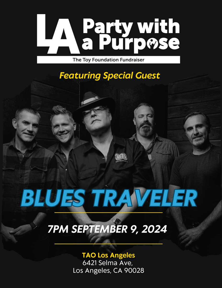 Bettie's tweet image. Thrilled that @blues_traveler is headlining @TheToyFndn #PartyWithAPurpose on September 9th at @TAOLosAngeles. @BCLEnt #BCLEntertainment #EventProducer #BluesTraveler