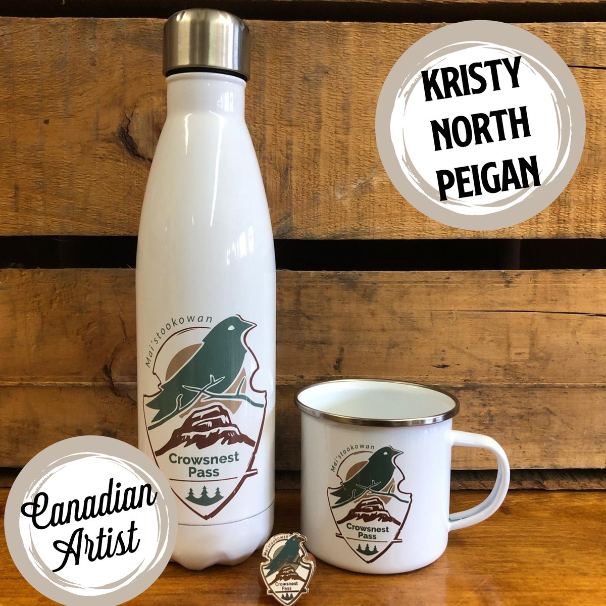 CrowsnestMuseum's tweet photo. We're excited to add another design to our gift shop, courtesy of the talented artist Kristy
North Peigan. Kristy designed a new logo for the
Crowsnest Pass, which is now available on items in our
gift shop, including water bottles, mugs, and pins. https://t.co/VqCFPbOlPM