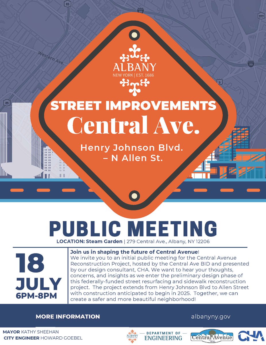 AlbanyCentral's tweet photo. Public meeting on Central Avenue Reconstruction Project 7-18 from 6-8 PM at STEAM Garden. This meeting will discuss the federally-funded street resurfacing, &amp; sidewalk reconstruction project from Henry Johnson Blvd to Allen Street. Your input is vital #AlbanyNY
#CentralAvenue https://t.co/PL0lCjfFVS
