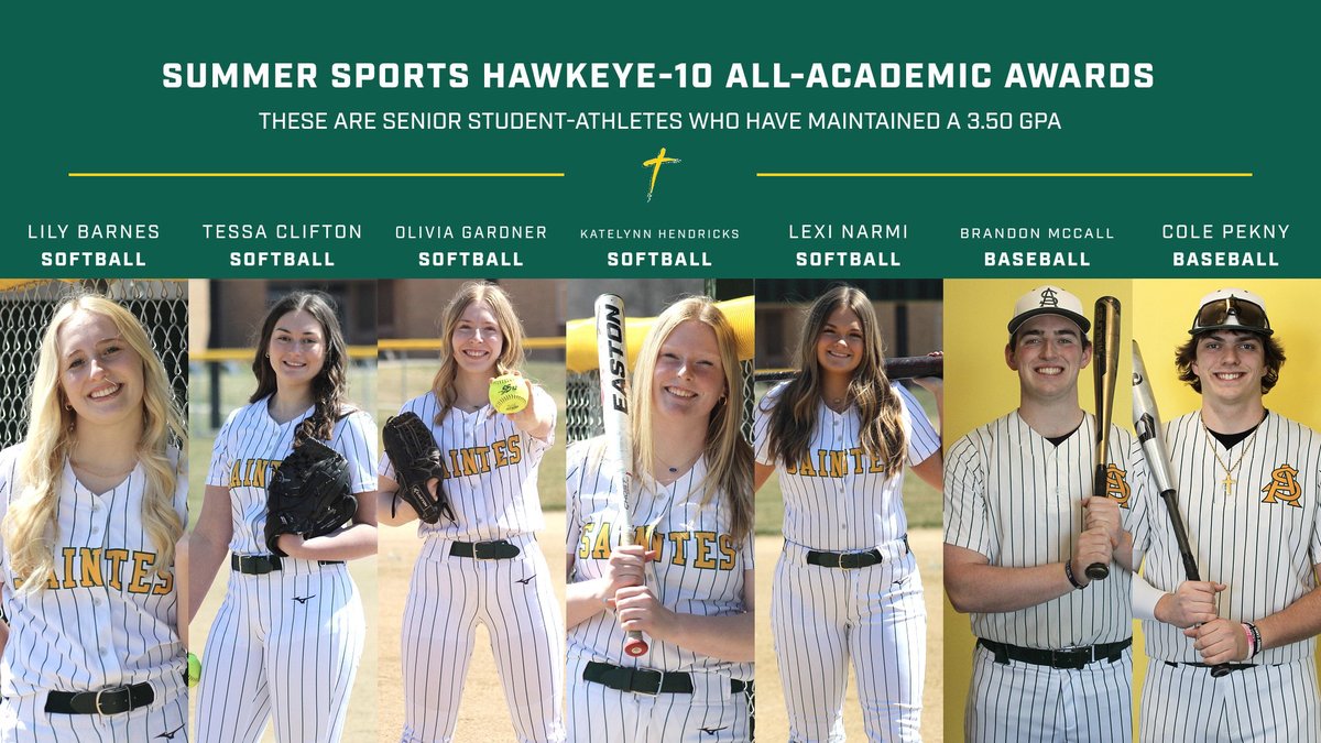 saintalbertdmc's tweet photo. Congratulations to the Hawkeye-10 Conference All-Academic Award winners. These 7 St. Albert senior summer season student-athletes have maintained a cumulative Grade Point Average of 3.50 over their high school career! https://t.co/nCKsgJtOwj