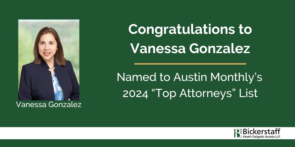 Congratulations to BHDA employment law attorney Vanessa Gonzalez on her recognition in <a href="/AustinMonthly/">AustinMonthly</a>'s 2024 "Top Attorneys" list. Honorees are selected based on peer nominations from other Austin area attorneys. bit.ly/4cDBTR1