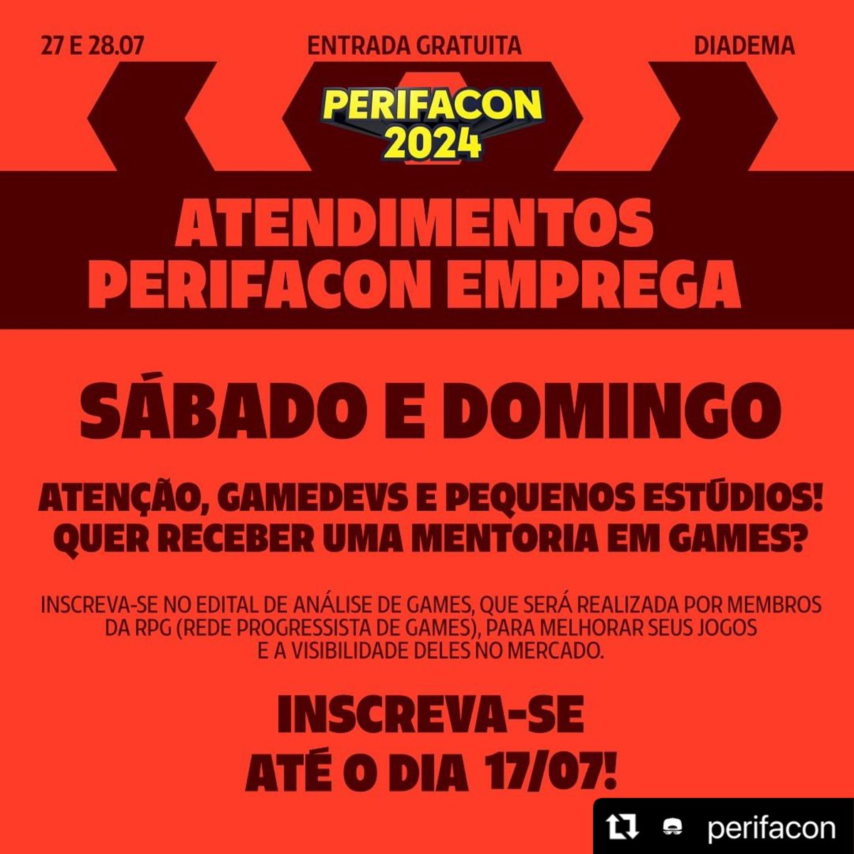 redeprogames's tweet photo. Dias 27 e 28/7, a @redeprogames estará na @PerifaCon oferecendo mentoria gratuita para pequenos estúdios e gamedevs independentes. 🎮✊
Inscreva-se até 17/7 - https://t.co/GBvxoKxUU1 
Vagas limitadas! https://t.co/ItDmmFqhS6